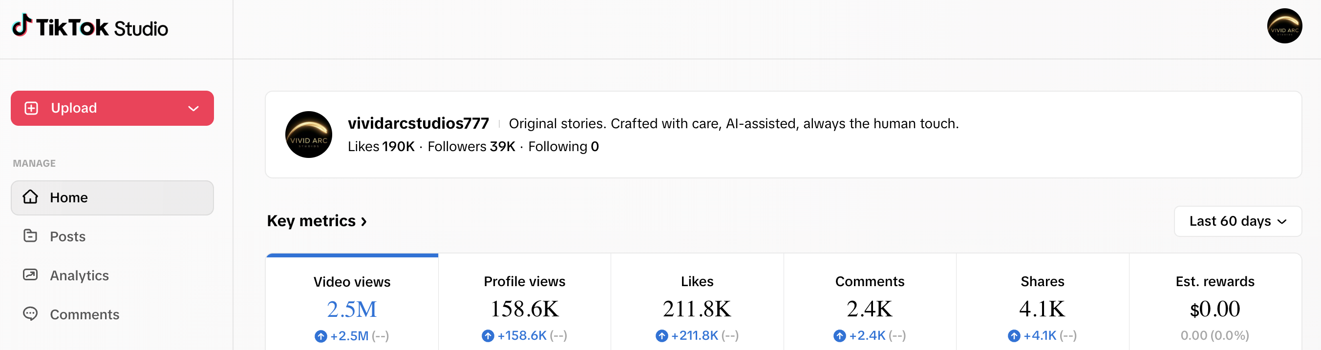 TikTok Studio key metrics showing 2.5M video views over the last 60 days